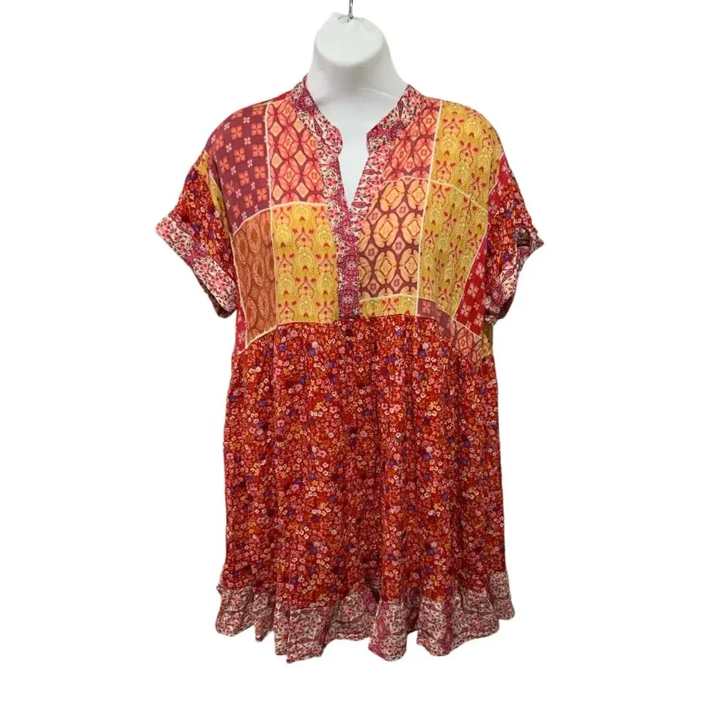 Red Boho patchwork dress size s #1406 - Picture 3 of 8